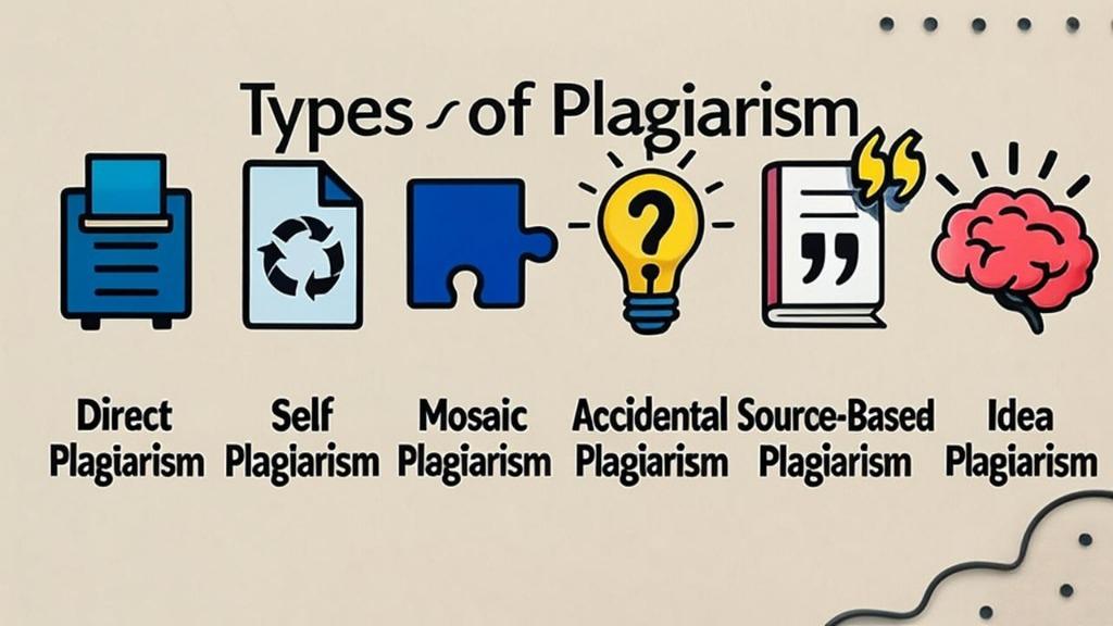 Infographic illustrating six types of plagiarism Direct Plagiarism, Self Plagiarism, Mosaic Plagiarism, Accidental Plagiarism, Source-Based Plagiarism, and Idea Plagiarism with colorful icons representing each category